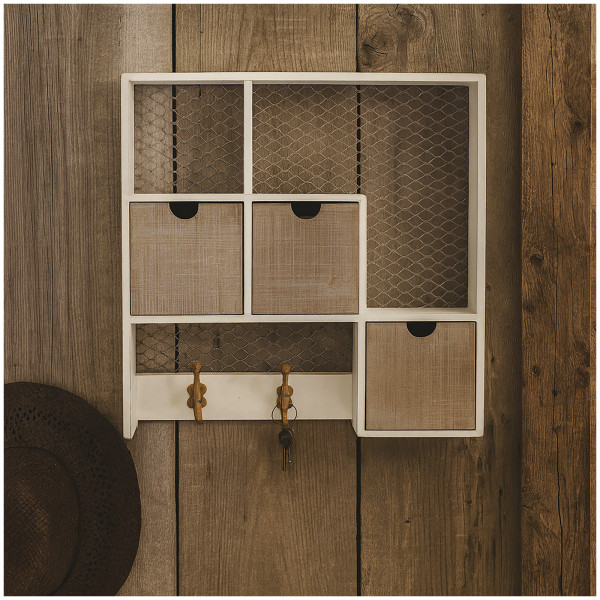 HTI-Line Vintage Holzregal mit Schubladen und Haken Dekorativer Wandschrank im Shabby Chic