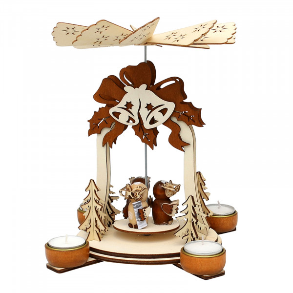 Sigro Glocke, mit Eulenfiguren Holz Teelichtpyramide