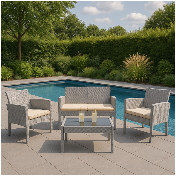 HTI-Living Gartenmöbel Set Zita Grau 4-teiliges Polyrattan Lounge-Set mit Tisch und Gla