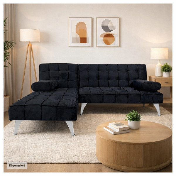 Schlafsofa Miranda mit Chaiselongue Velvet Schwarz
