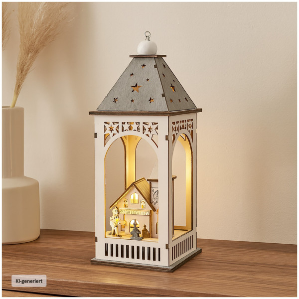 Weihnachtsdeko Laterne mit Kirche Weiß Grau
