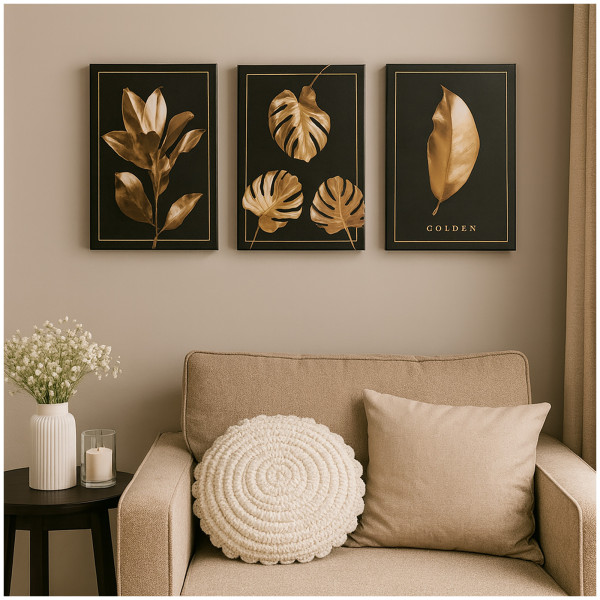 HTI-Living Leinwand je 30 x 40 cm, Set 3 teilig Wandbilder Goldene Blätter auf Schwarz