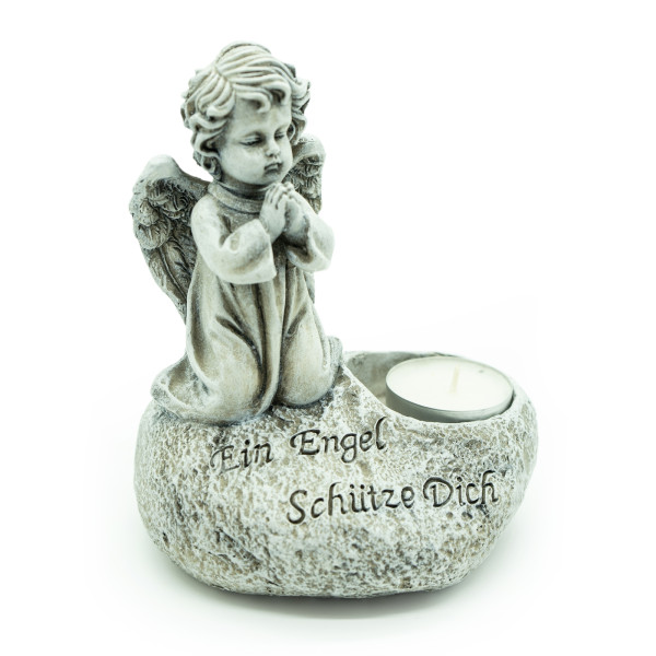 Trauerengel mit Kerzenhalter, Polyresin, grau LBH