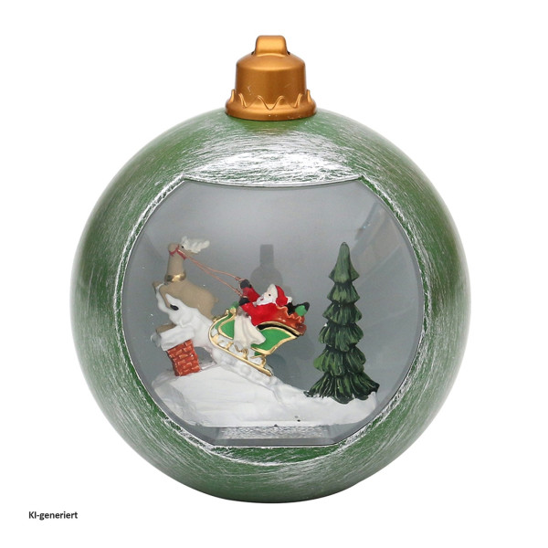 Acryl LED Kugel mit Santa im Rentierschlitten, grü