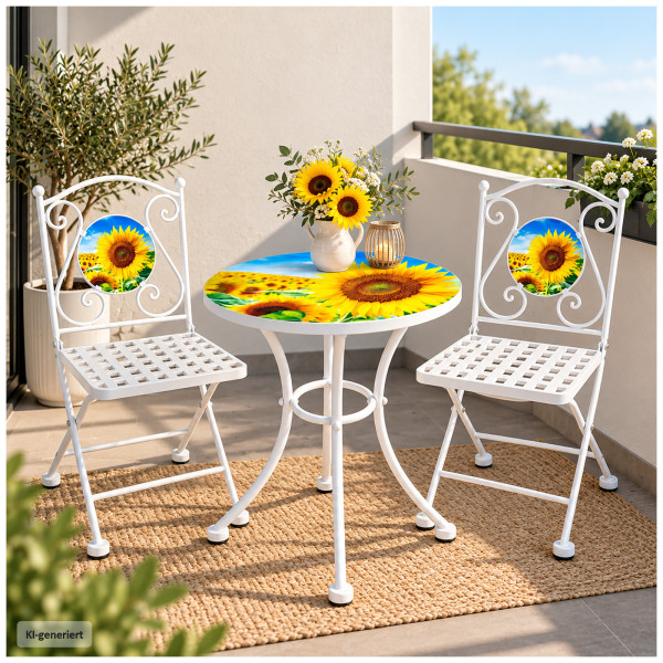 Gartentisch 2er Gartenstühle Sonnenblumen Eisen Weiß