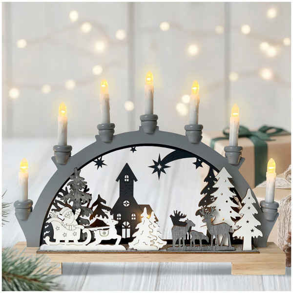 HTI-Living mit Weihnachtsmotiv und 7 LED Kerzen Moderner Schwibbogen LED Holz Grau