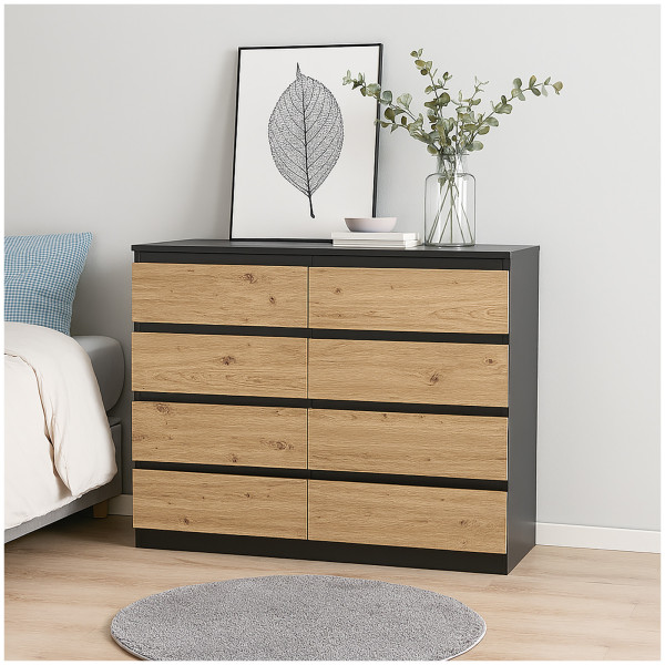HTI-Living Schwarz-Artisaneiche Moderne Kommode mit 8 grifflosen Schubladen